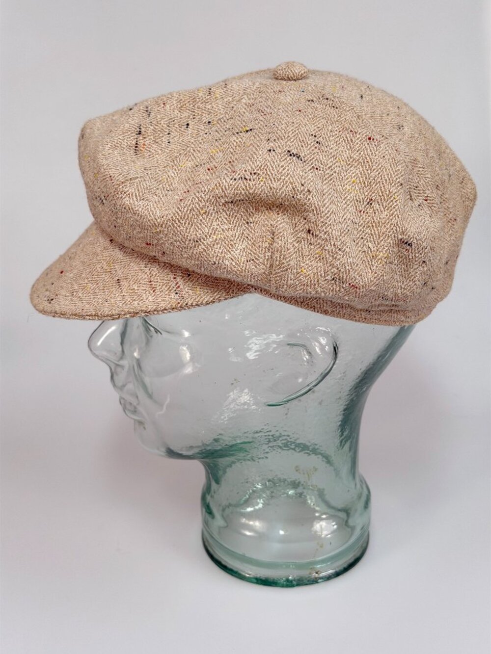 Vintage 80s Tweed Newsboy Cap Beige Fleck Herringbone Flat Hat Applejack Cabbie